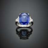 Cushion shape synthetic sapphire and triangular diamond in all ct. 0.80 circa white gold ring - photo 1