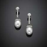White gold diamond pendant earrings holding two South Sea ovoidal pearls of mm 14.00x12.90 circa - photo 1