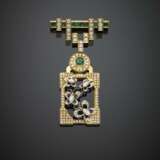 Bi-coloured gold diamond and emerald brooch with pendant - Foto 1