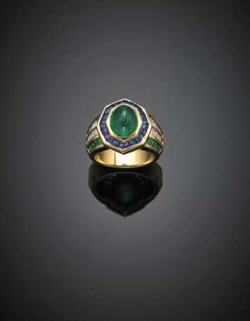 Oval cabochon emerald yellow gold ring accented with calibré diamonds emeralds and sapphires - photo 1