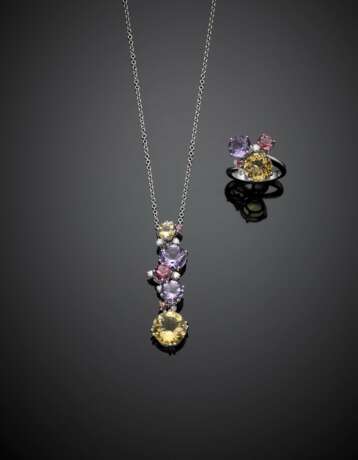 DAMIANI | Citrine and amethyst quartz with tourmaline white gold jewellery set comprising a cm 46.80 circa chain with a cm 4.890 circa pendant and a ring size 15/55 - photo 1