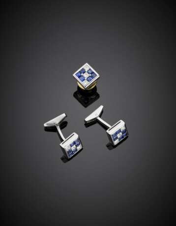 White gold carré diamond and sapphire cufflinks and pin - photo 1