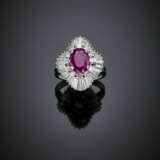 Oval ct. 2.60 circa ruby with round and tapered diamond platinum ring - photo 1