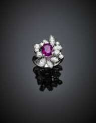 Cushion ct. 2.50 circa ruby with with round and marquise diamond white gold cluster ring