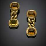Yellow gold and cushion shape citrine quartz gourmette chain pendant earclips - фото 1