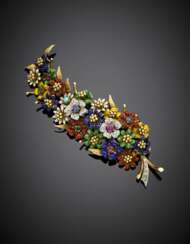 LUNATI | Bi-coloured gold enamel diamond and gem set flower shoot brooch