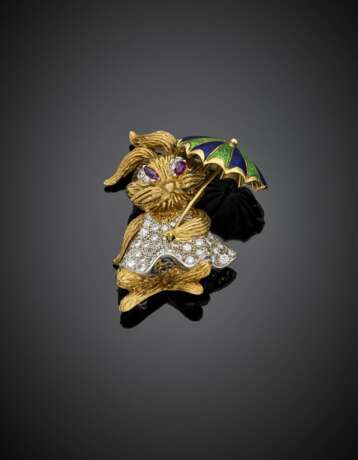 Bi-coloured gold diamond and enamel Mrs. Rabbit brooch - photo 1