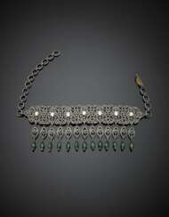 Silver and 9K yellow gold adjustable choker with irregular diamonds also accented with emerald beads