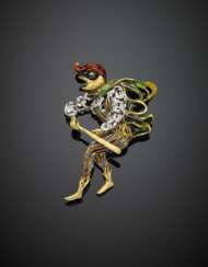 Bi-coloured gold enamel and diamond Carnival mask with pedestal