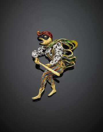 Bi-coloured gold enamel and diamond Carnival mask with pedestal - Foto 1