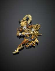 Bi-coloured gold enamel and diamond musketeer with pedestal