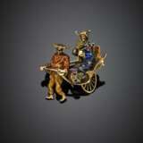 Yellow gold enamel gem set brooch as a dame on rickshaw - photo 1
