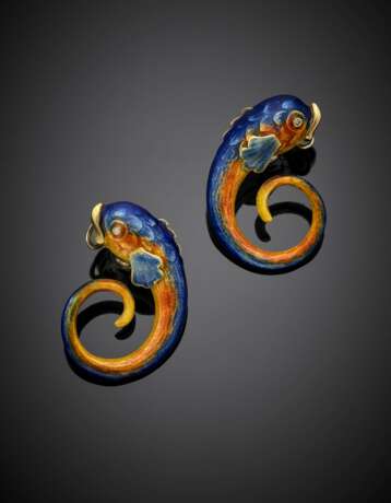 Yellow gold polychrome enamel fish earrings with accessories to wear them as brooches - photo 1