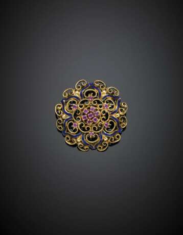 Yellow gold blue enamel pendant/brooch accented with rubies - photo 1