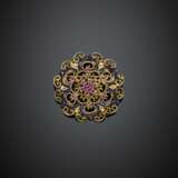 Yellow gold blue enamel pendant/brooch accented with rubies - photo 1