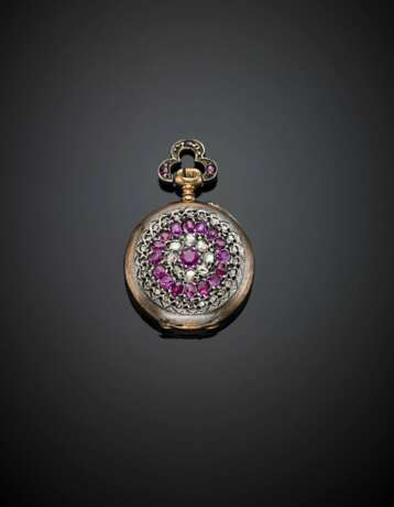 Rose cut diamond and partly synthetic ruby silver and gold pocket watch - фото 1