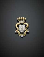 Bi-coloured gold diamond coat of arms brooch