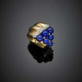 Yellow gold and reconstructed lapis bead ring accented with diamonds - photo 1