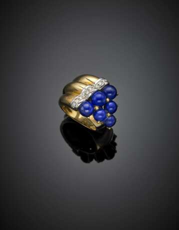 Yellow gold and reconstructed lapis bead ring accented with diamonds - photo 1