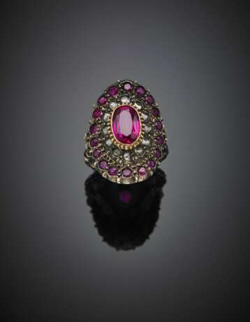 Rose cut diamond and ruby silver and gold ring centering a synthetic ruby - фото 1
