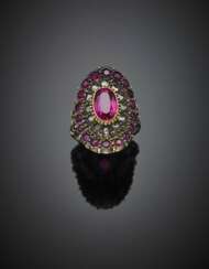 Rose cut diamond and ruby silver and gold ring centering a synthetic ruby