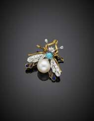 Bi-coloured gold diamond mm 9.85 circa pearl and turquoise fly brooch