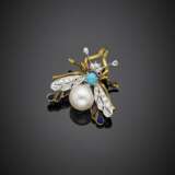 Bi-coloured gold diamond mm 9.85 circa pearl and turquoise fly brooch - photo 1