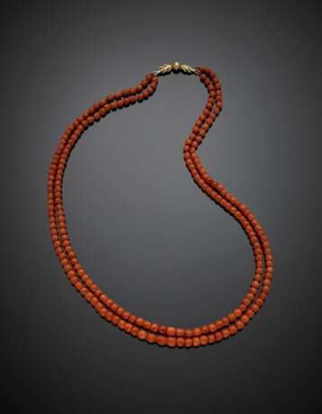 Two strand graduated red orange coral faceted bead necklace with yellow gold clasp - photo 1