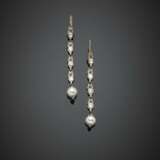 Silver and 9K gold pendant earrings with rose and single cut diamonds and holding two mm 8.60/8.80 circa pearls - фото 1