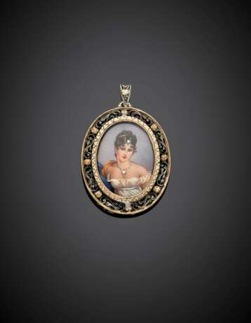 Silver and gold pendant with two miniatures front and back accented with colourless stones - photo 1