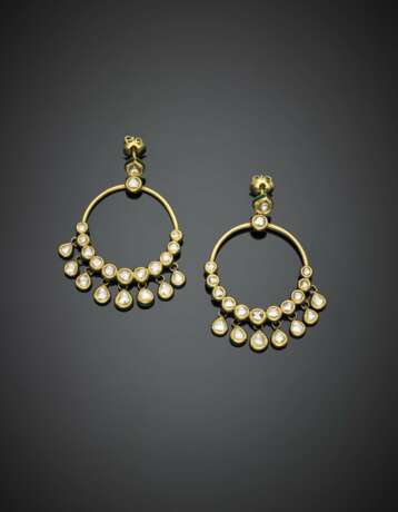 Irregular diamonds and green enamel yellow gold hoop earrings - photo 1
