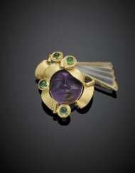 Hyaline and ametrine carved quartz yellow gold brooch accented with cabochon emerald