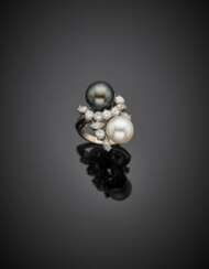 Diamond with black and white cultured pearl white gold crossover ring