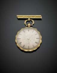 Yellow chiselled gold brooch and pendant pocket watch key-movement