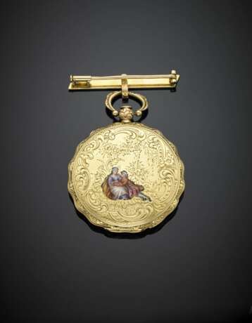 Yellow chiselled gold brooch and pendant pocket watch key-movement - Foto 2