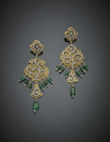 Silver and 9K gold pendant earrings with single cut diamonds and emerald pendant beads - фото 1