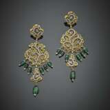 Silver and 9K gold pendant earrings with single cut diamonds and emerald pendant beads - фото 1