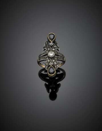 Silver and gold rose cut diamond ring with pear sapphires - фото 1