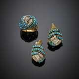 Diamond and turquoise yellow gold rope jewellery set comprising cm 3 circa earrings and a ring size 12/52 - фото 1