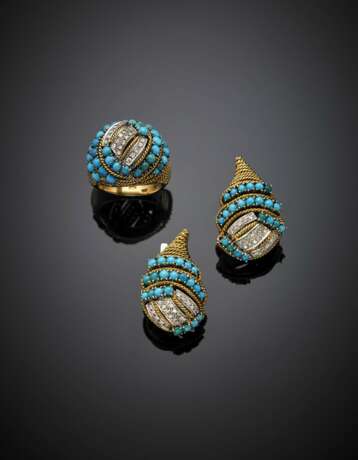 Diamond and turquoise yellow gold rope jewellery set comprising cm 3 circa earrings and a ring size 12/52 - photo 1