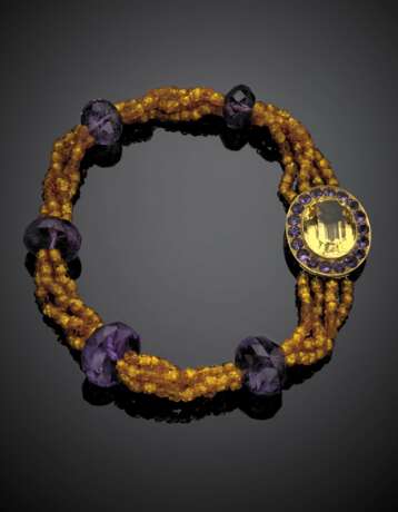 Four strand yellow paste necklace with great faceted amethyst bead spacers - photo 1