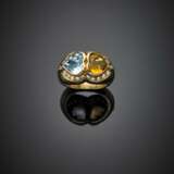 Heart shape light blue topaz and citrine quartz yellow gold and diamond ring - photo 1
