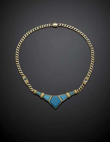 Yellow gold groumette chain necklace with reconstructed turquoise central and aquamarine spacers - Foto 1