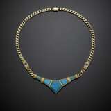 Yellow gold groumette chain necklace with reconstructed turquoise central and aquamarine spacers - photo 1