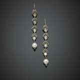 Irregular diamond silver and 9K gold pendant earrings holding two pearls of mm 8.70 circa - фото 1