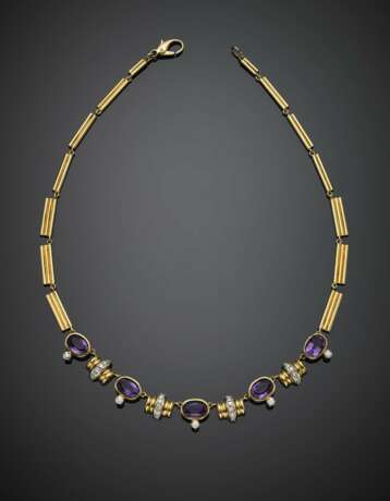 Bi-coloured gold articulated necklace accented with amethysts and diamonds - photo 1