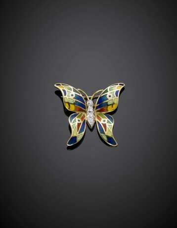 Bi-coloured gold diamond and enamel butterfly brooch - photo 1