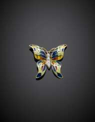 Bi-coloured gold diamond and enamel butterfly brooch