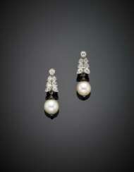 White gold 9K gold and metal diamond and cultured pearl pendant earrings