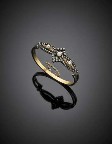 Silver and gold rose cut diamond and pearl cuff bracelet - Foto 1